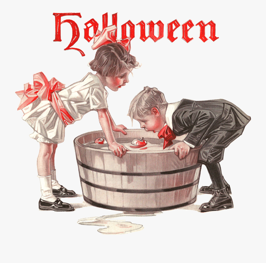 Transparent Vintage Halloween Clipart - Bobbing For Apples Illustration, Transparent Clipart