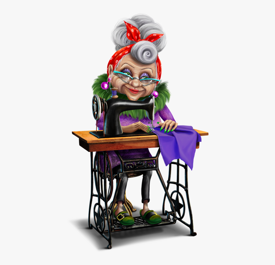 Old Lady Sewing Cartoon, Transparent Clipart