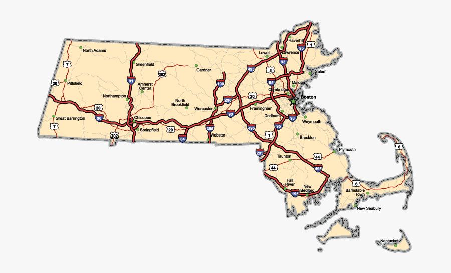 Massachusetts Road Map, Transparent Clipart