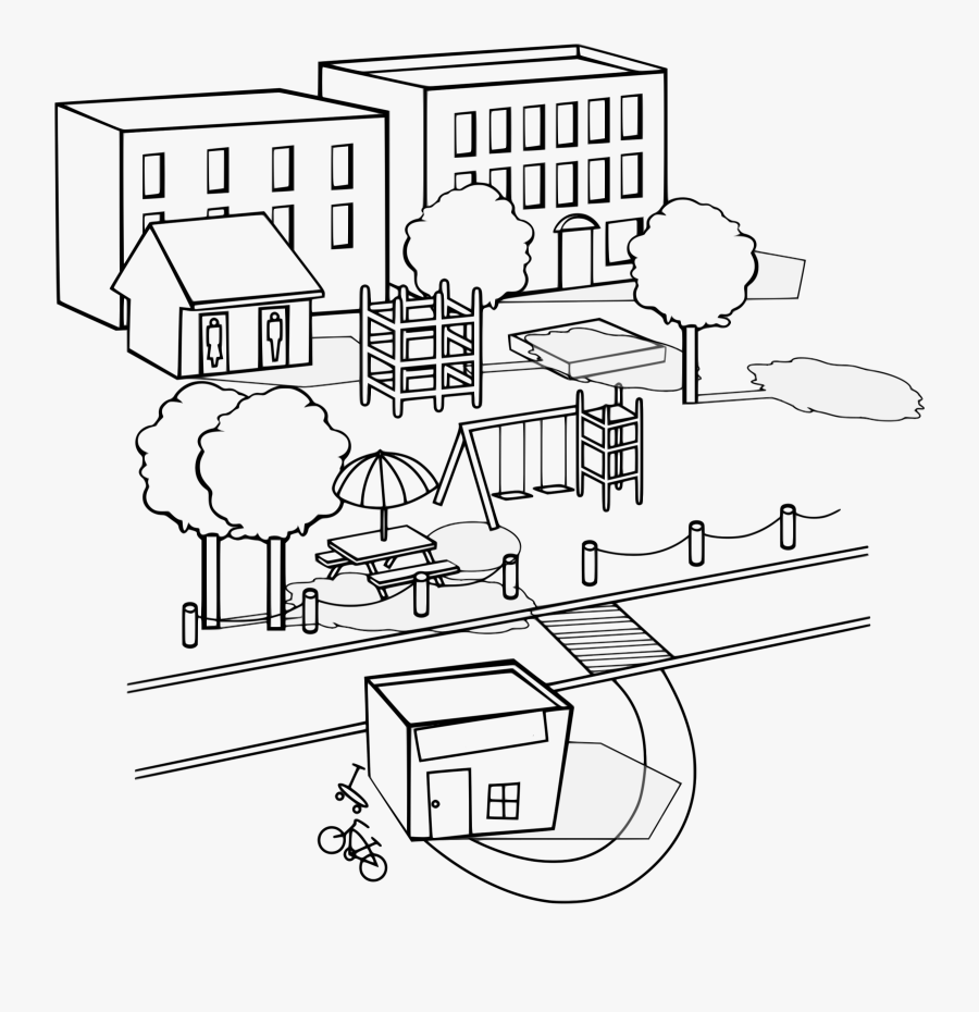 Neighborhood With Various Buildings Clip Arts - My Neighborhood Black And White, Transparent Clipart