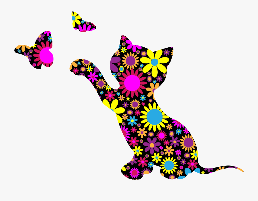 Clipart Floral Kitten Playing With Butterflies Silhouette - Unicorn Clipart Black And White, Transparent Clipart