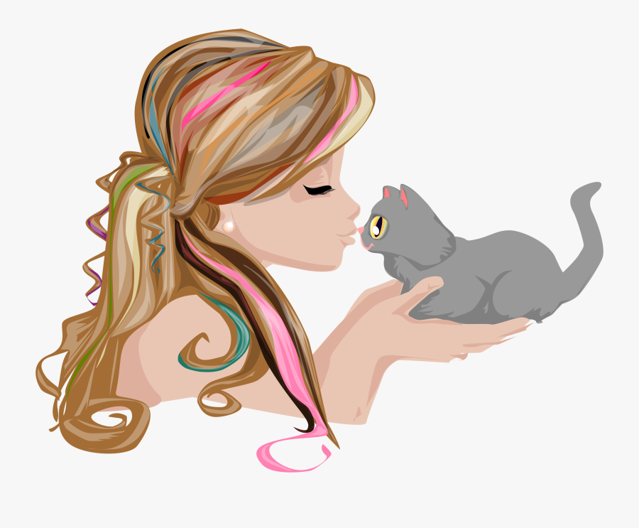 Girl Kissing Kitten Clip Arts - Girl Kissing Cat Gif, Transparent Clipart