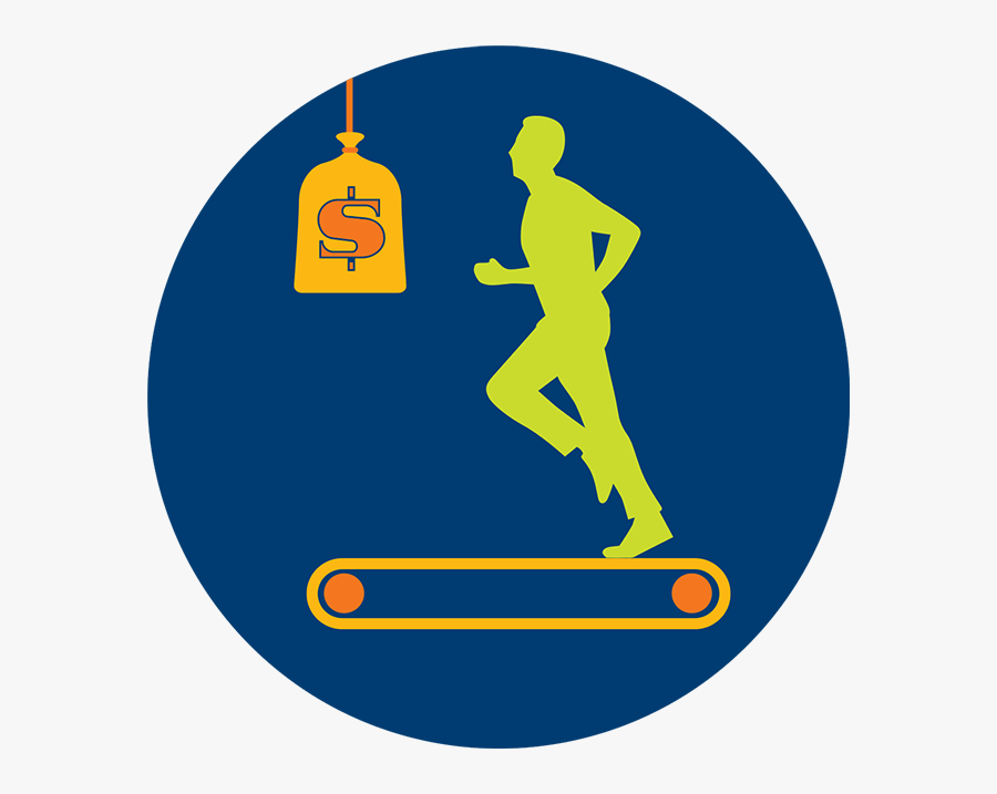 A Man Runs On A Treadmill, Chasing A Bag Of Money Hanging - Treadmill Running To Money, Transparent Clipart
