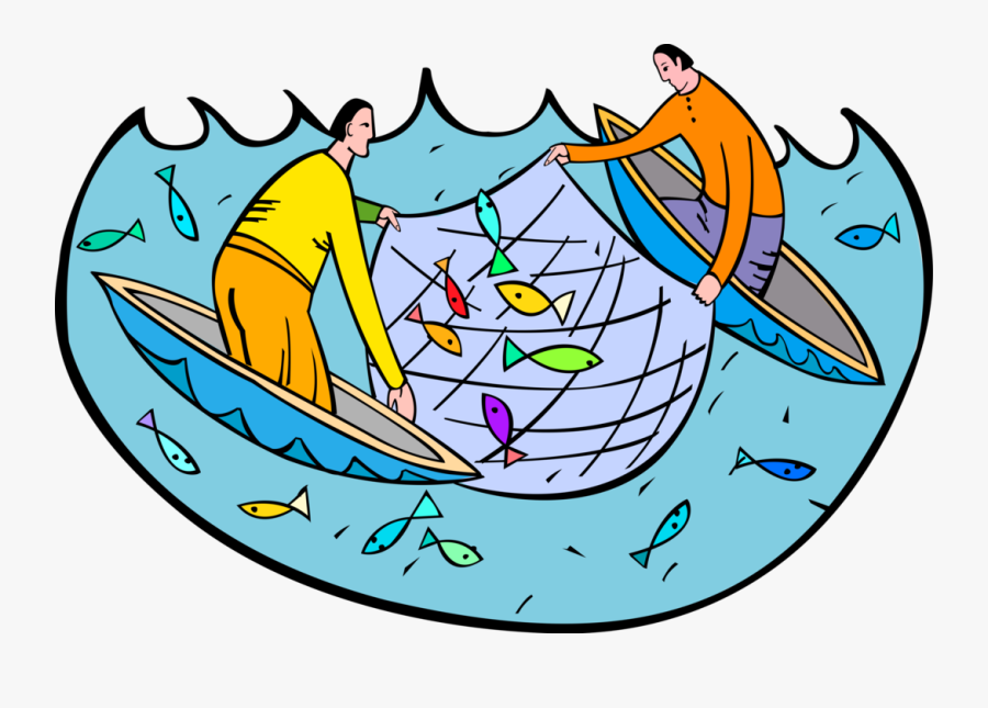 Fishermen In Boats With Nets And Fish - Fishing With Net Clipart, Transparent Clipart