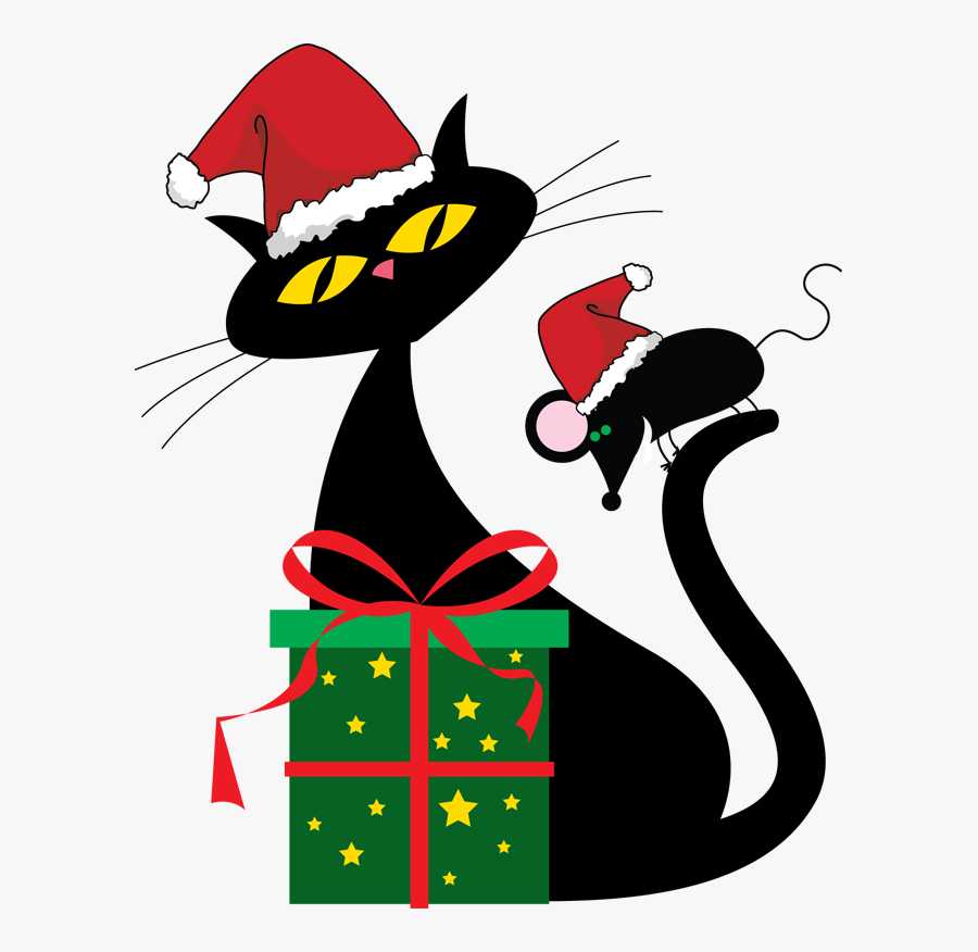 Christmas Cat Clipart Black And White - Christmas Clip Art Cat, Transparent Clipart