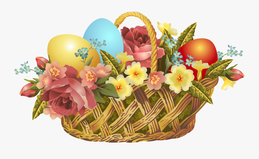Transparent Vintage Clipart - Flower Basket With Easter Eggs, Transparent Clipart