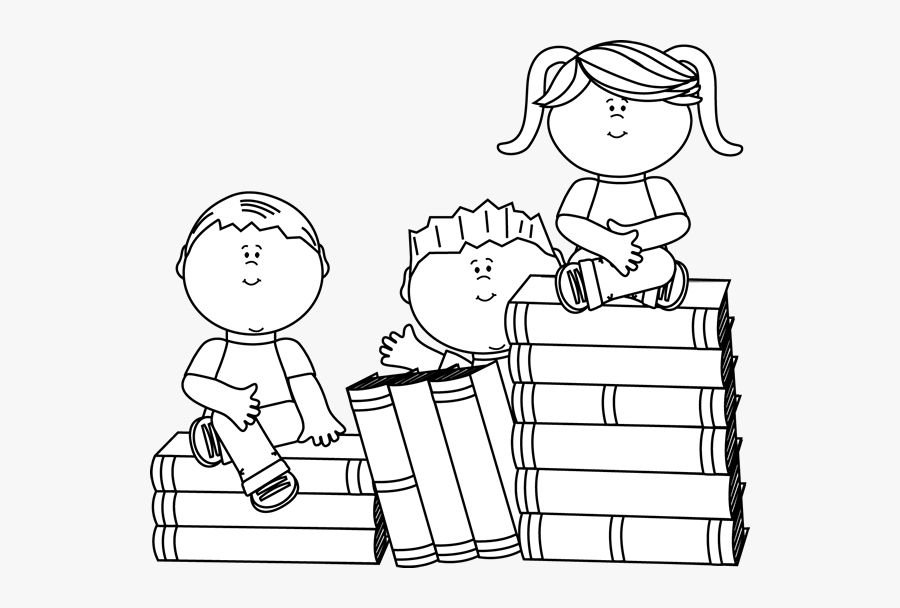 Black And White Kids Sitting On Books - Students Reading Clipart Black And White, Transparent Clipart