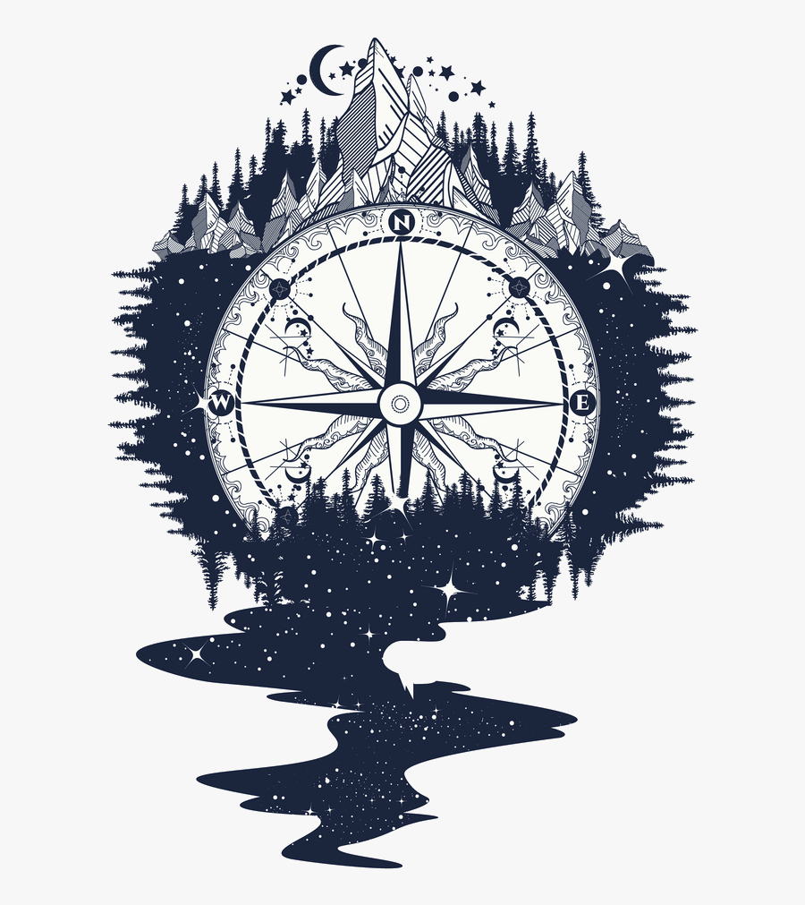 Mountain Clipart Tattoo - Compass With Mountains Tattoo, Transparent Clipart