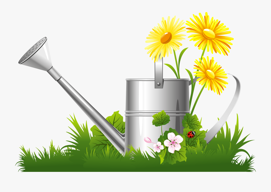 Spring Decoration With Water Can Grass And Flowers, Transparent Clipart