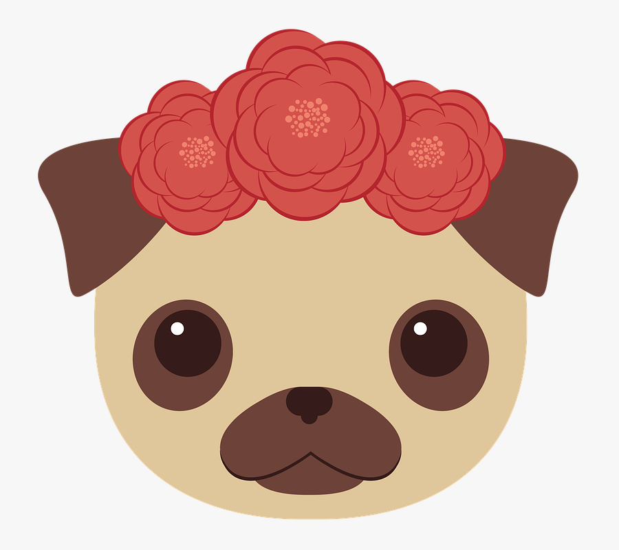 Dog, Pug, Animals, Cute, Puppy, Flowers, Cartoon, Brown - Dog, Transparent Clipart