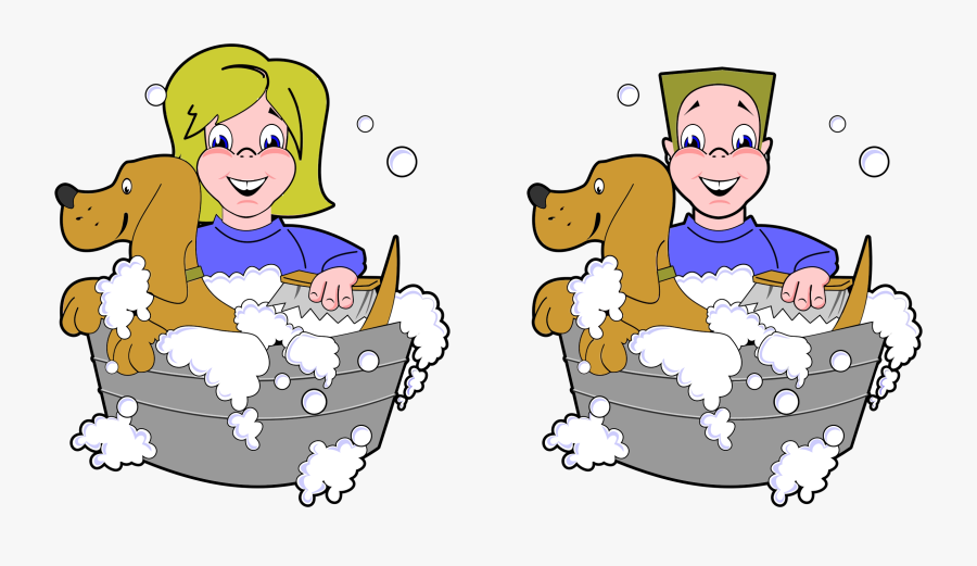 Girl And Boy Washing Dogs - Bathing The Dog Clipart, Transparent Clipart