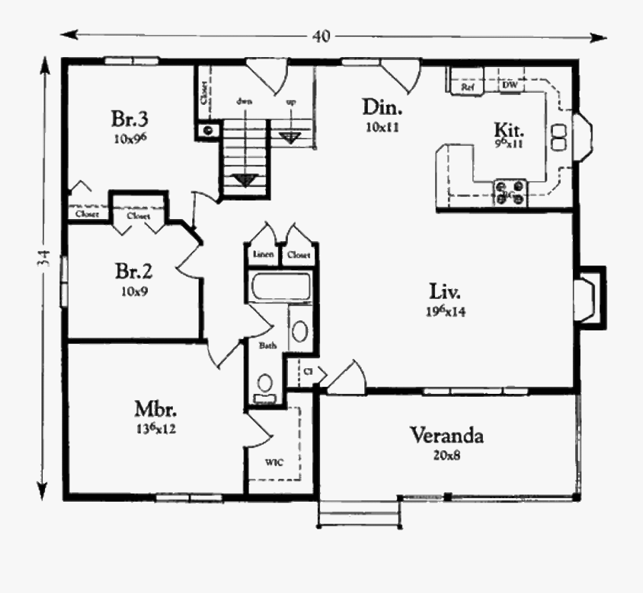 Clipart Library Stock Cottage Style Plan Beds Baths - Drawing 3 Bedroom Bungalow In A Floor Plan, Transparent Clipart