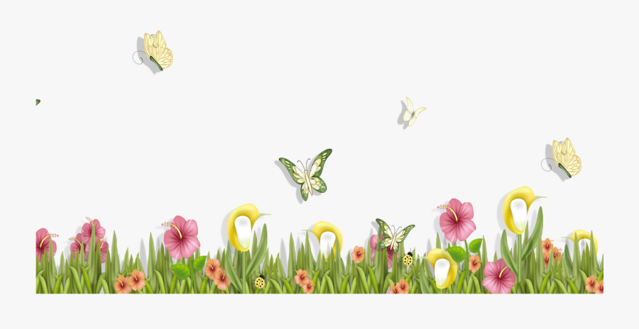 Grass With Butterflies And Flowers Png Clipart Spring - Flowers And Butterflies Transparent, Transparent Clipart