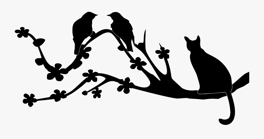 Bird Cat Silhouette Branch Clip Art - Birds Branches Silhouette Png, Transparent Clipart