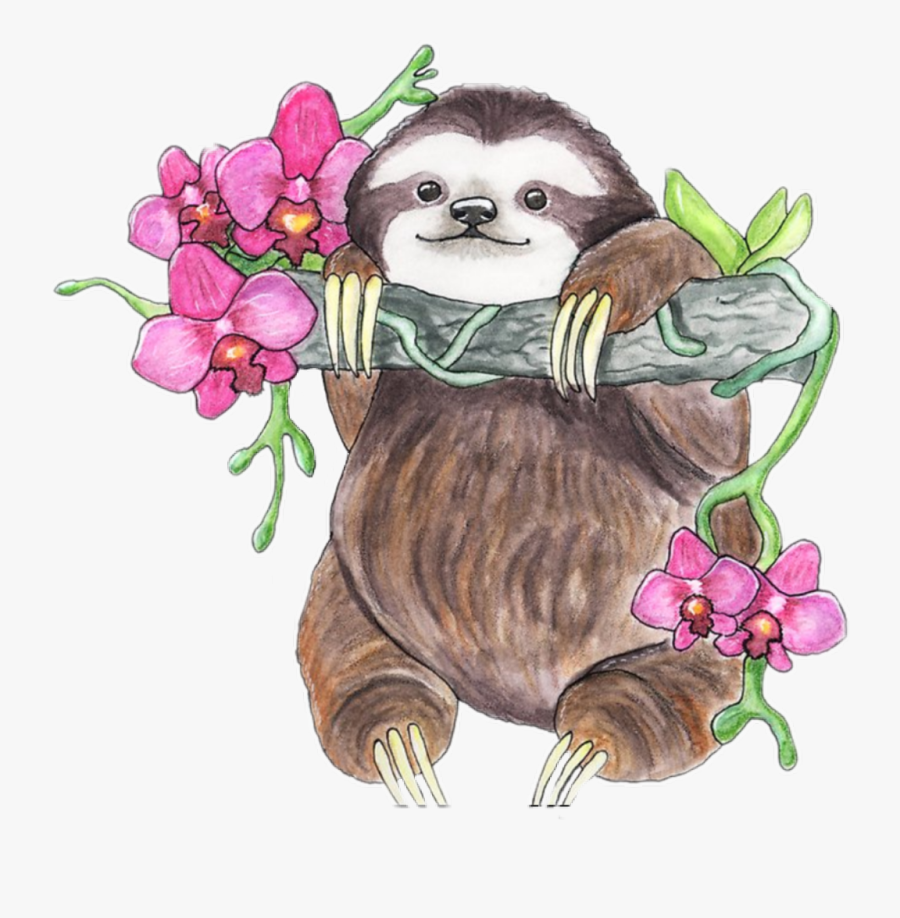 #sloth #sloths #ftestickers - Happy Sloth With Orchids Sticker, Transparent Clipart