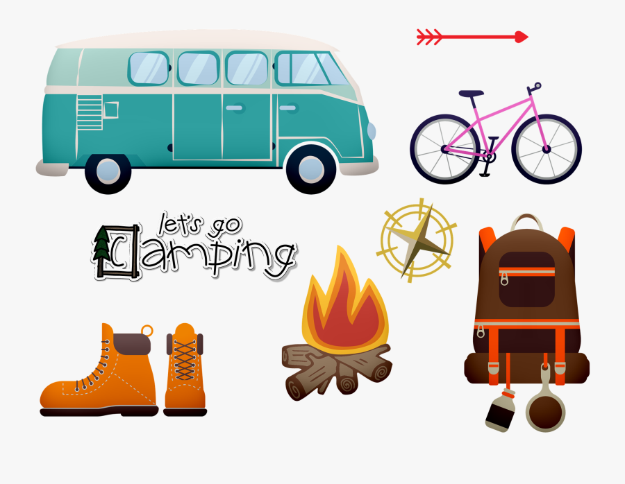 Road Trip, Camping, Vw Van, Campfire, Bicycle, Compass, Transparent Clipart