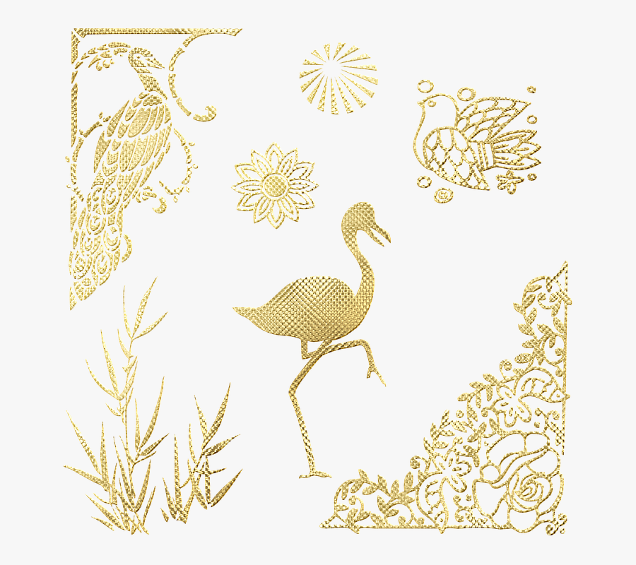 Flamingo, Peacock, Gold Foil, Bird, Corner, Bamboo - Illustration, Transparent Clipart