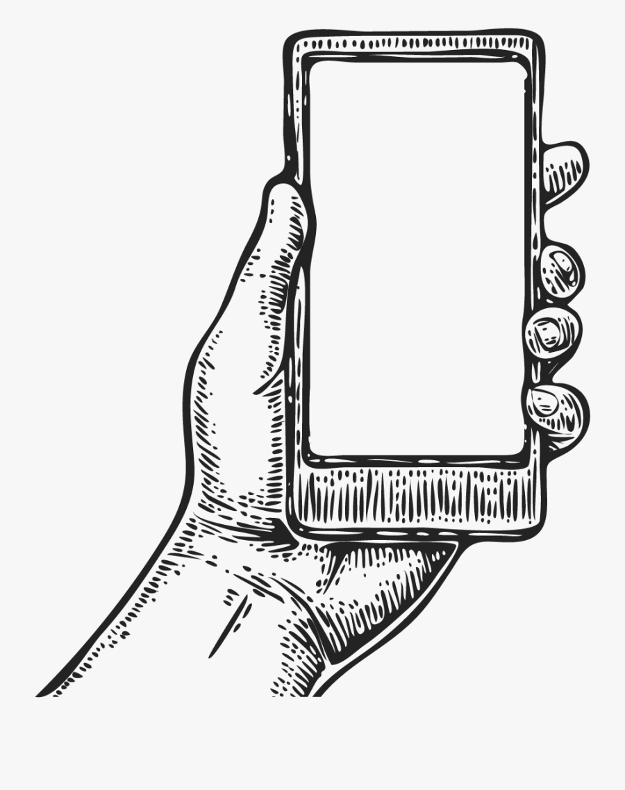 Woodcut Illustration Hand Holding Phone - Line Art, Transparent Clipart