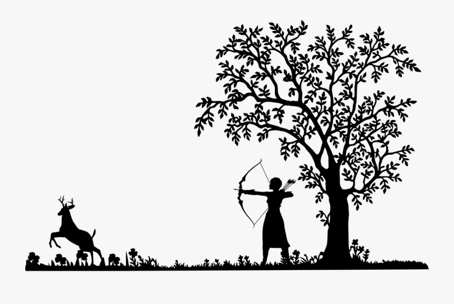 Woman, Hunting, Deer, Tree, Arrow, Bow, Silhouette - Black And White Tree Clipart, Transparent Clipart