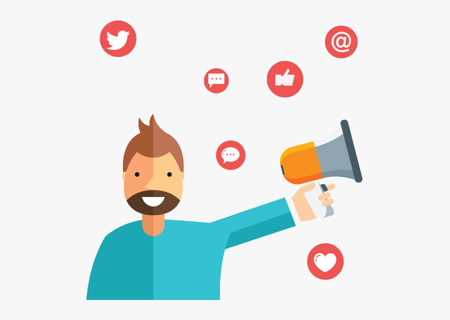 Man Holding Megaphone Surrounded By Social Media Emojis - Red Twitter, Transparent Clipart