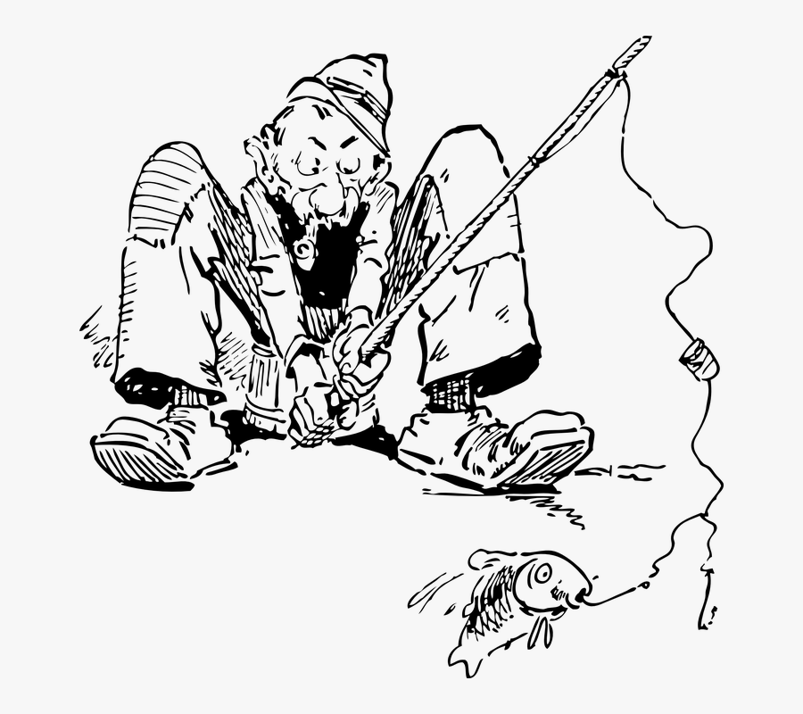Fisherman, Fishing, Old Man, Fishing Line - Black And White Fishing, Transparent Clipart