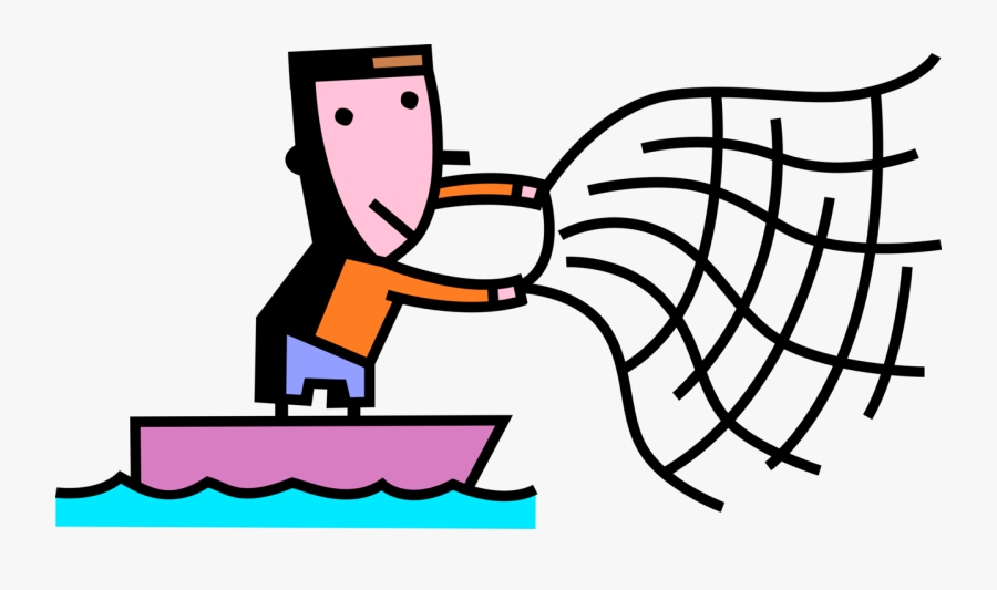 Throws Net In Water - Cartoon Fisherman With Net, Transparent Clipart