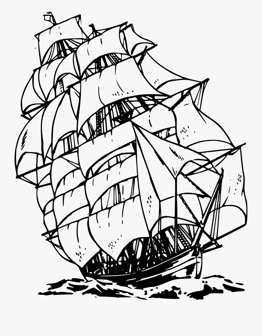 Transparent Columbus Boat Clipart - 18th Century Pirate Ship In Black And White, Transparent Clipart