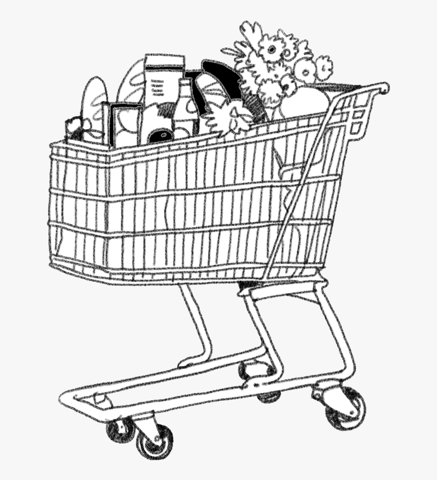 Transparent Shopping Cart Clipart - Shopping Trolley With Groceries Drawing, Transparent Clipart