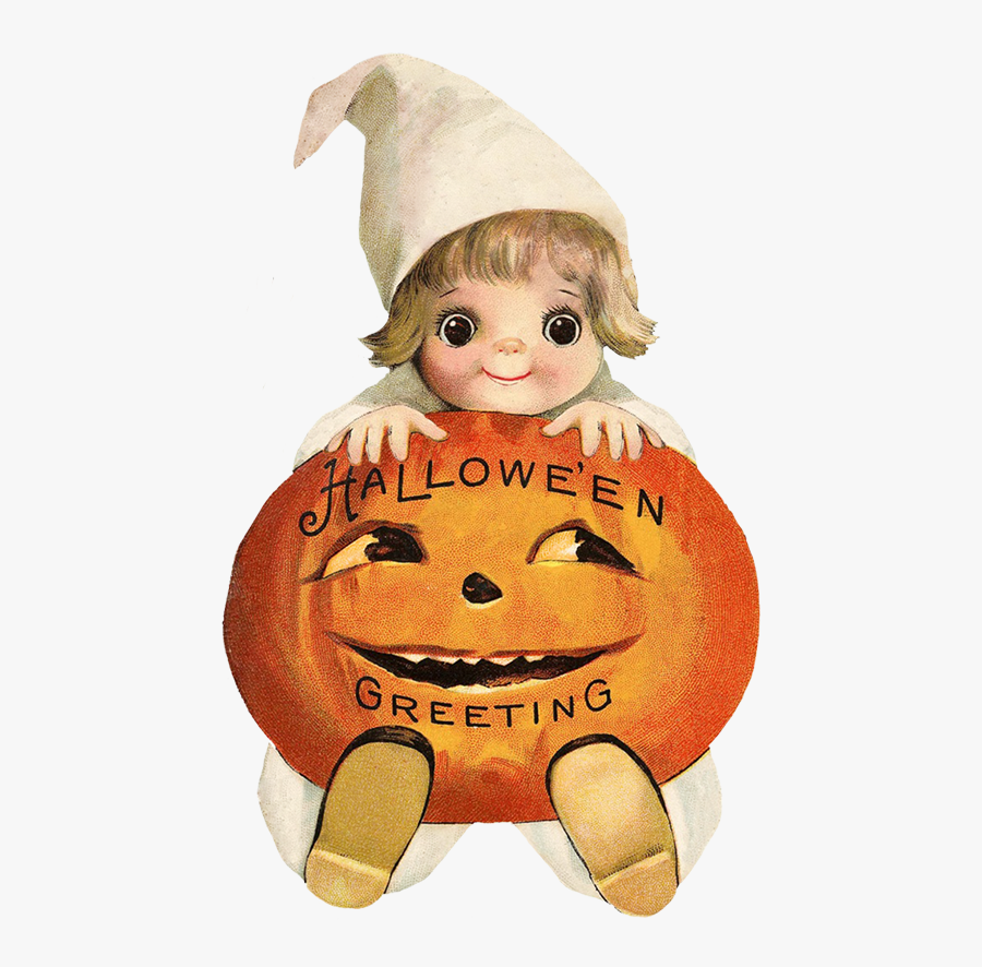 Cute Child With Pumpkin Head - Vintage Halloween Greeting Card, Transparent Clipart