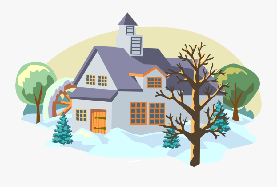 Vector Illustration Of Winter Scene With Grist Mill - Winter Scenes Clipart, Transparent Clipart
