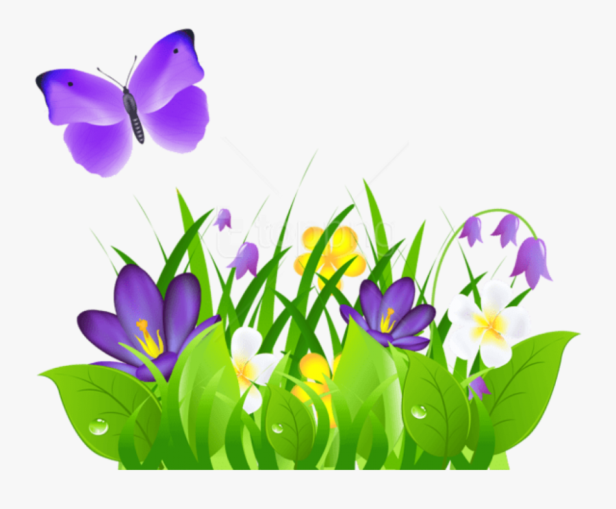 Free Png Download Purple Flowers Grass And Butterflypicture - Butterfly Flower Clip Art, Transparent Clipart