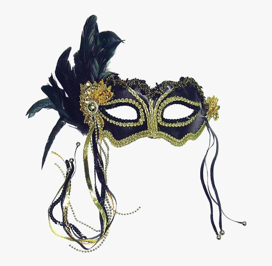 Masquerade Mask Transparent Png - Black And Gold Mask With Feathers, Transparent Clipart