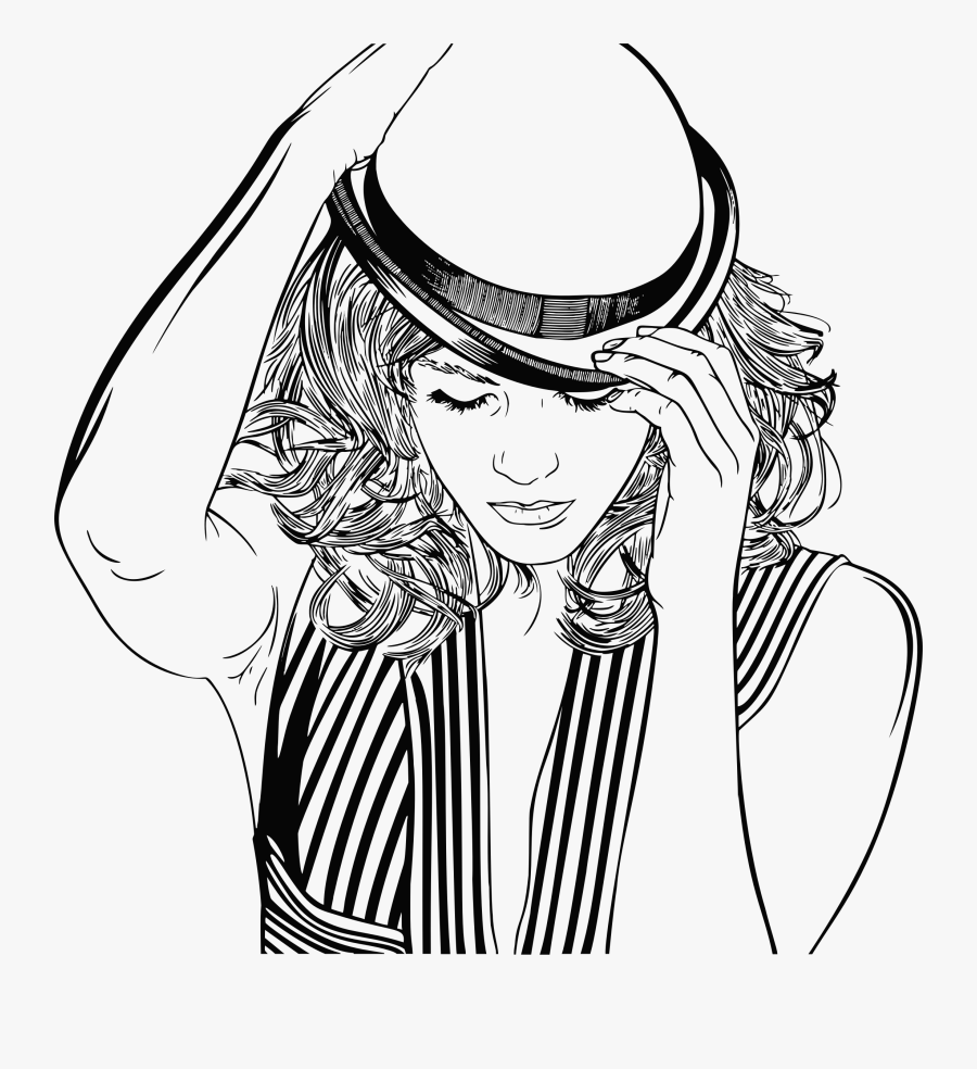 Woman Adjusting Hat Line Art Clip Arts - Transparent Women Line Art, Transparent Clipart