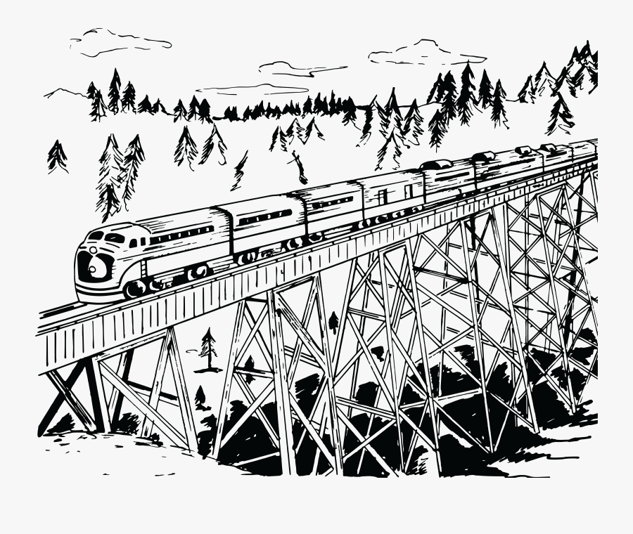 Free Clipart Of A Retro Black And White Train Crossing - Train On Bridge Drawing, Transparent Clipart