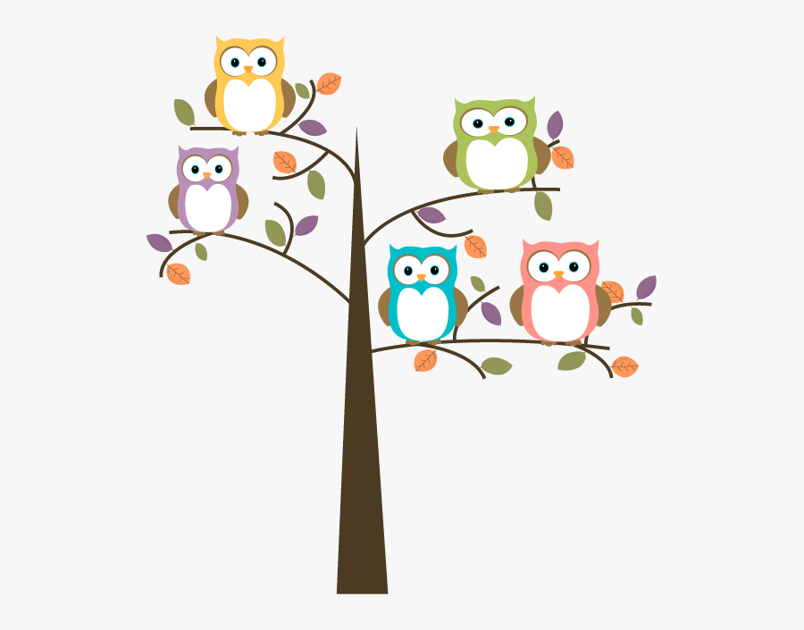 Colorful Owls In Pretty Tree - Cartoon Owls In A Tree, Transparent Clipart