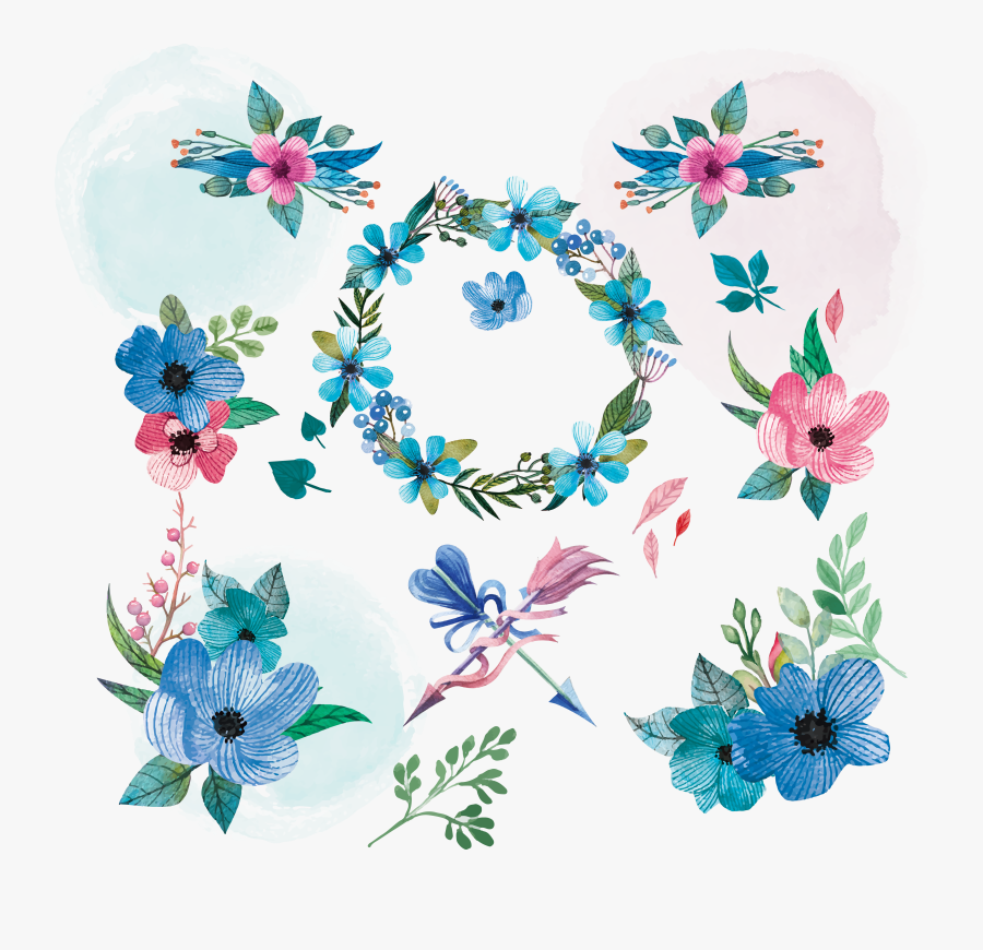 Transparent Teal Flower Clipart - Blue Watercolor Flower Elements Vector Free, Transparent Clipart