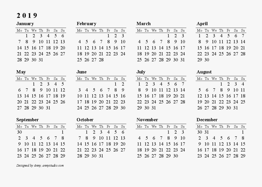2019 Calendar Png Clipart - 2018 Calendar A4 Printable, Transparent Clipart