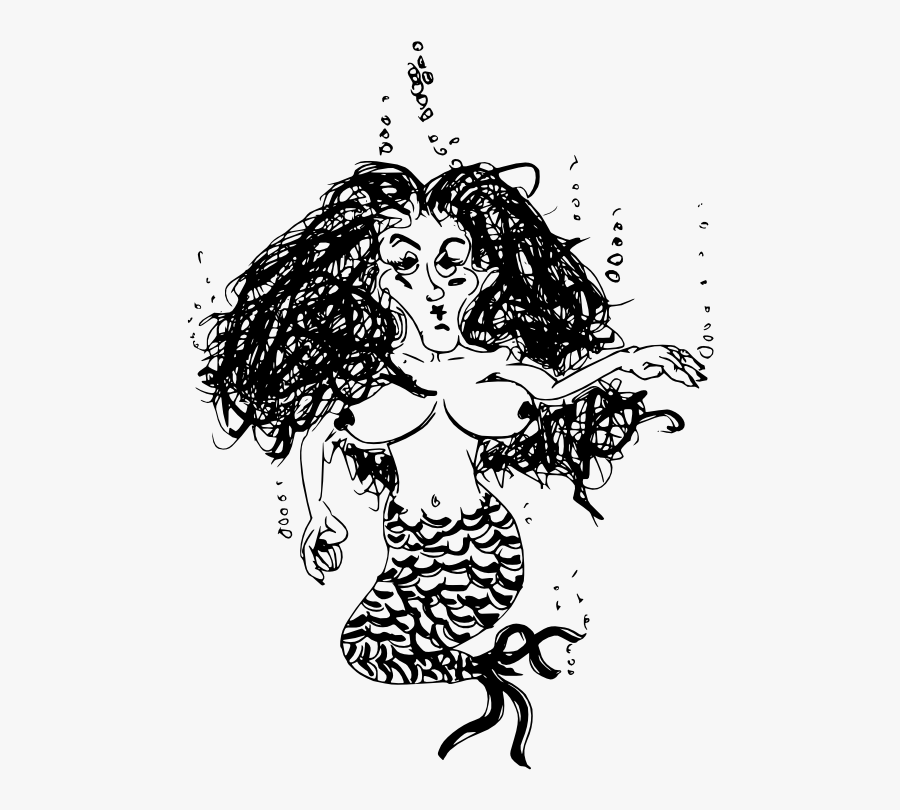 Doodle Wicked Mermaid Black White Line Art 555px - Sitting Mermaid Clipart Black And White, Transparent Clipart
