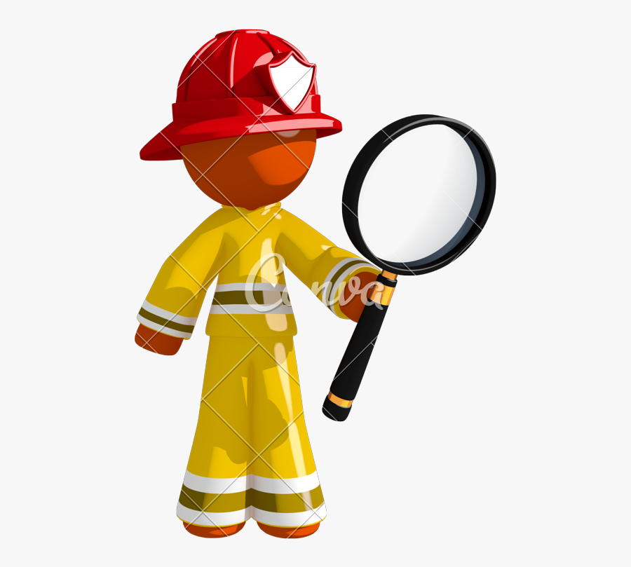 Orange Man Firefighter Looking Through Magnifying Glass - Cartoon, Transparent Clipart