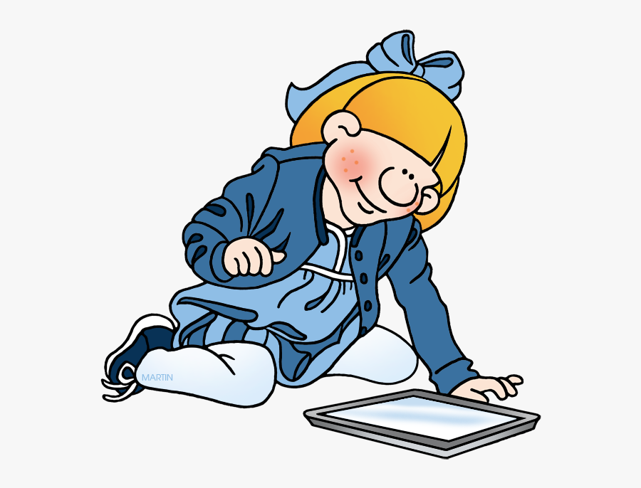 Young Girl With Tablet - Cartoon, Transparent Clipart