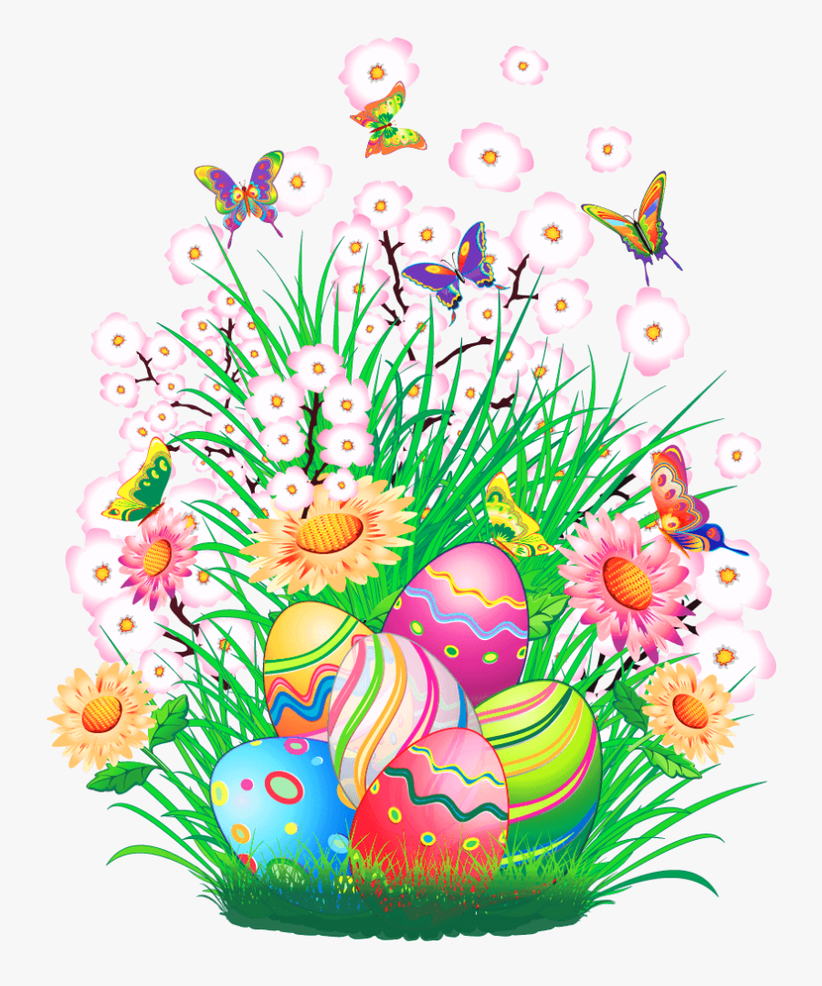 Transparent Easter Decor With Eggs And Grass Png Clipart - Clip Art Easter Flowers, Transparent Clipart