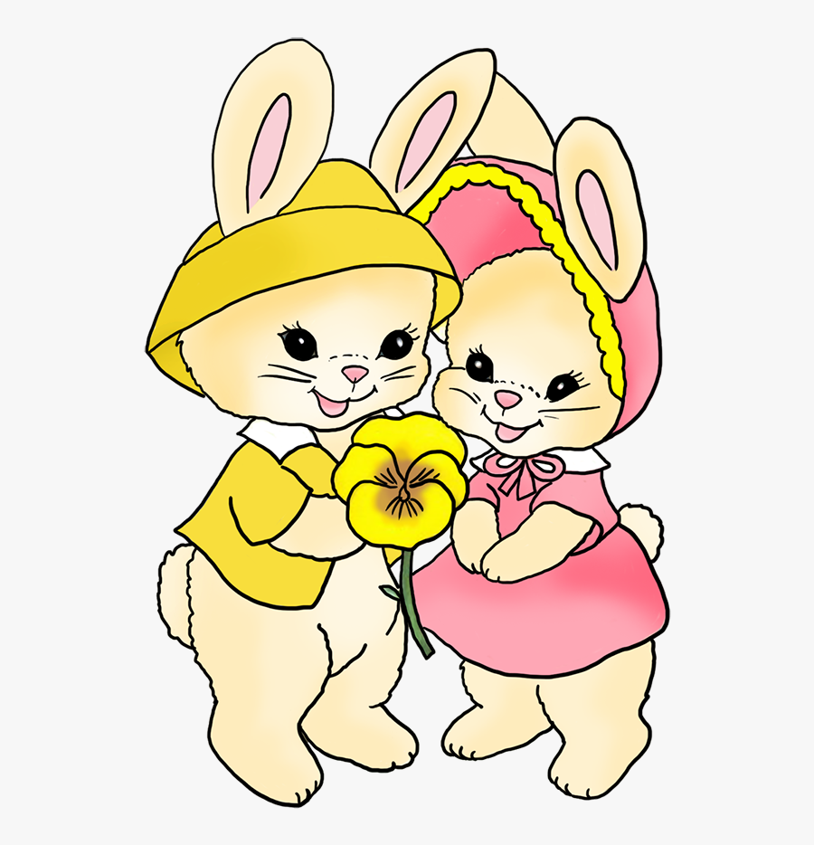 Two Easter Bunnies With Pansy Flower - Cartoon, Transparent Clipart