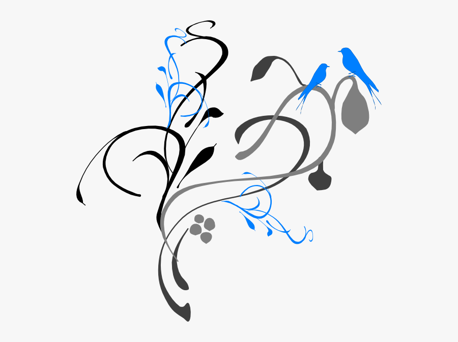 Birds On A Branch Grey/blue Clip Art At Clker - Black And White Wedding Borders, Transparent Clipart