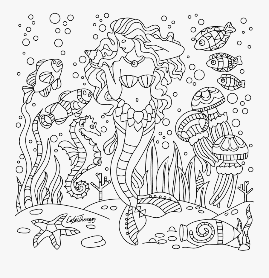 Transparent Volcano Clipart Black And White - Mermaid Underwater Coloring Pages, Transparent Clipart