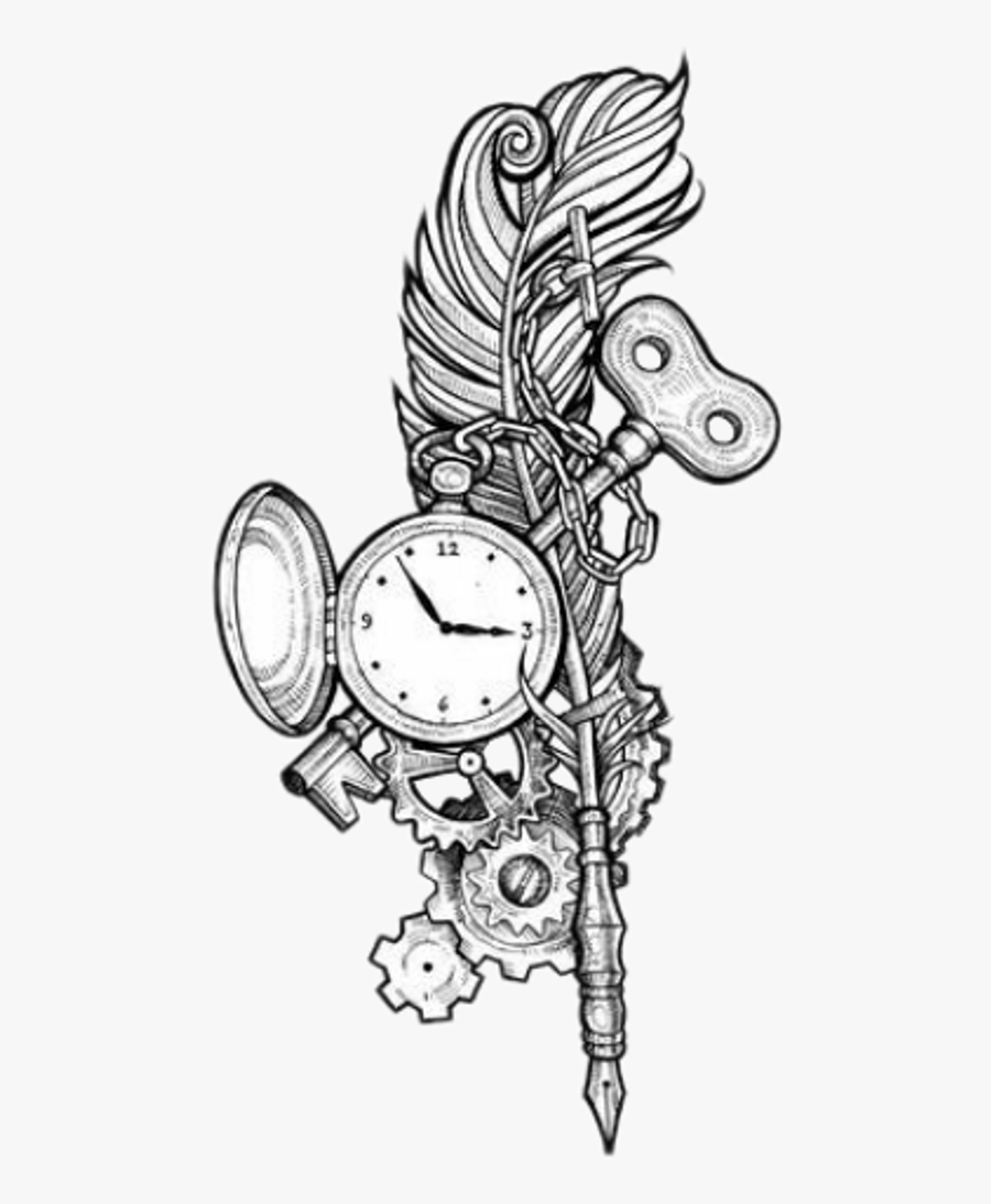 Feather Feathertattoo Pocketwatch Key Tattoodesign - Pocket Watch Tattoo Design, Transparent Clipart