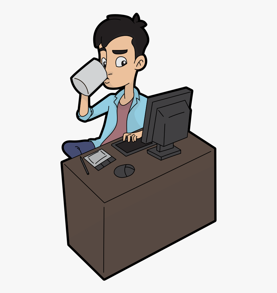 Cartoon Guy Drinks While Using A Computer Clipart , - Cartoon Guy In Office, Transparent Clipart