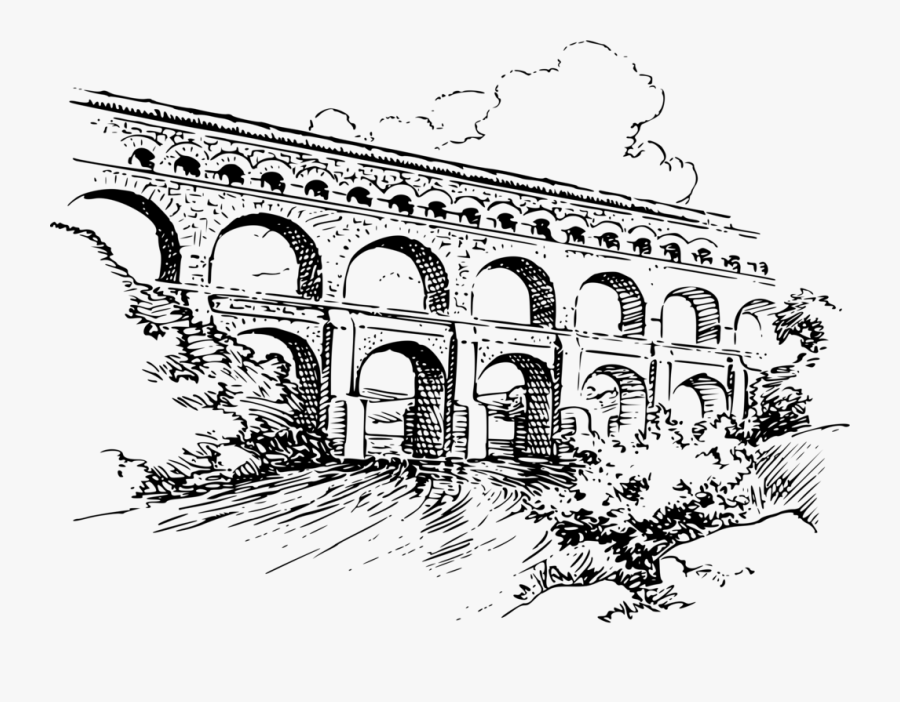 Art,monochrome Photography,text - Pont Du Gard Drawing, Transparent Clipart