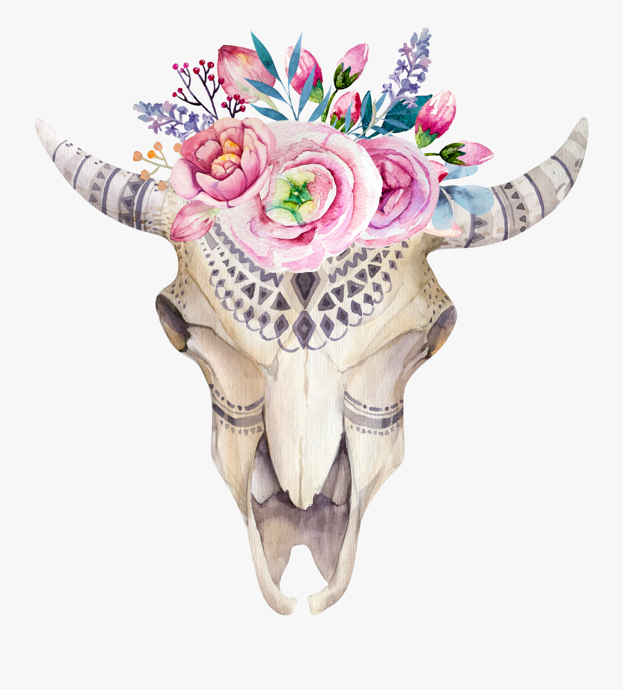 Watercolor Flower Skull Boho-chic Painted Pattern Illustration - Cow Skull With Flower Crown, Transparent Clipart
