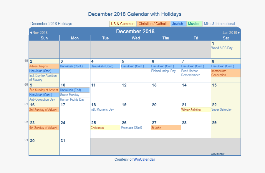 December 2018 Calendar Holidays - Holiday October Calendar 2019, Transparent Clipart