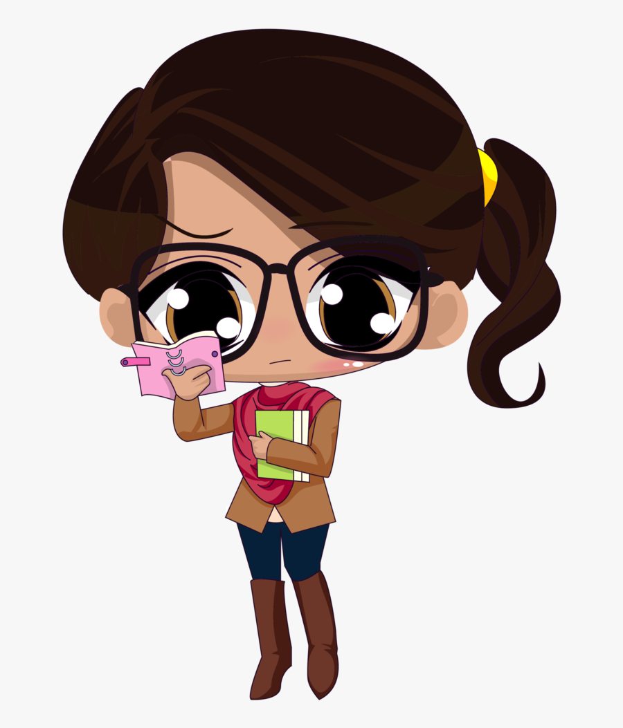 Transparent Student Cartoon Png - Brown Haired Cartoon Girl With Glasses, Transparent Clipart
